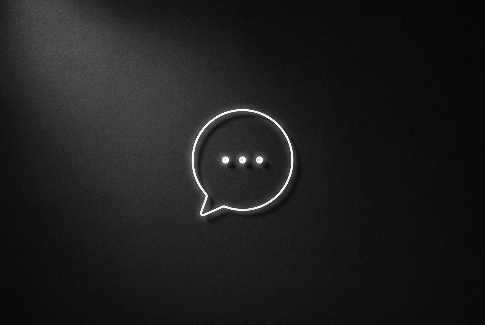 Minimal speech bubble outline with three glowing dots on a dark background