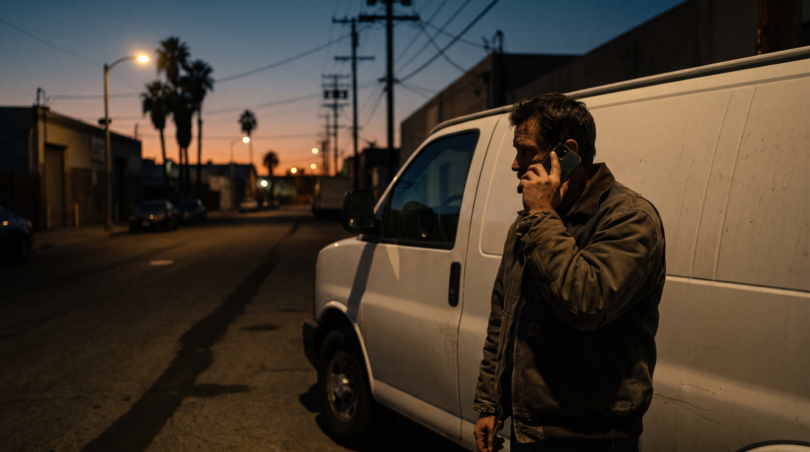 Contractor taking a call beside a work van in Los Angeles