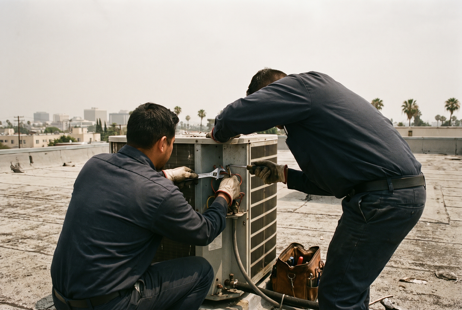 HVAC technician working on a rooftop unit in Los Angeles