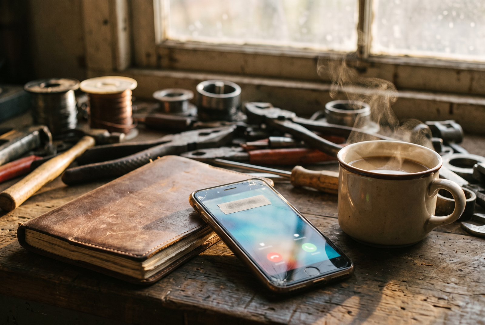 Incoming call on a phone in a workshop