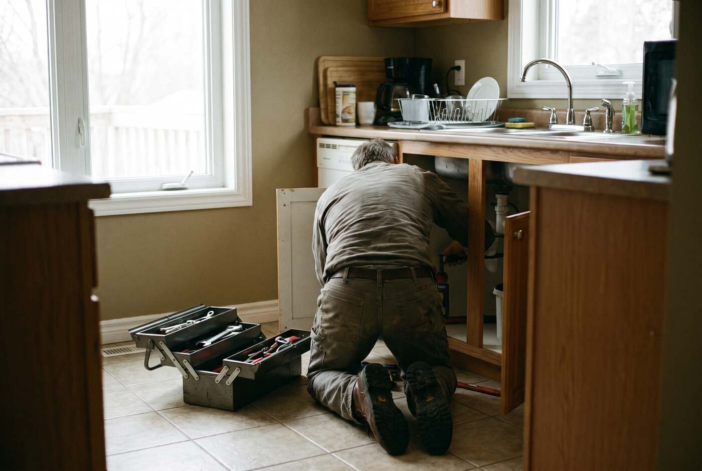 Plumber working under a kitchen sink
