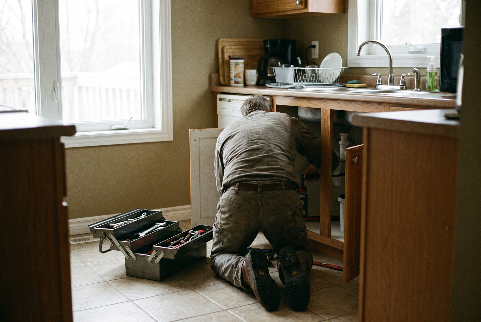 Plumber working under a kitchen sink