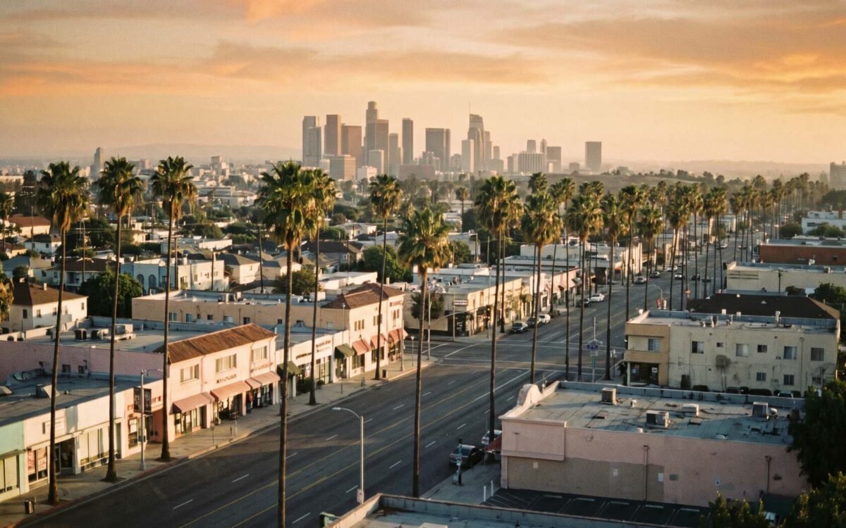 Los Angeles neighbourhood boulevard at golden hour