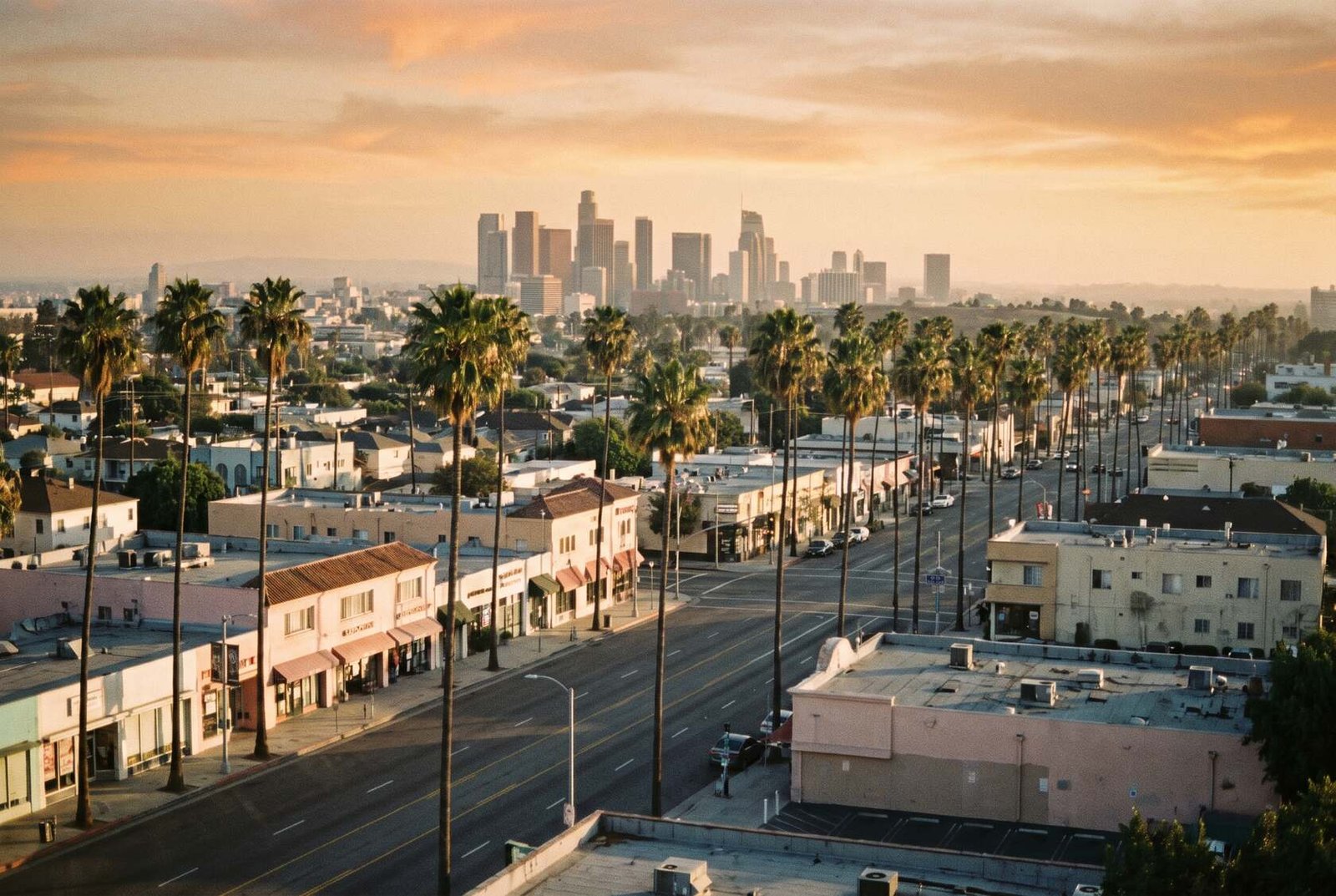 Los Angeles neighbourhood boulevard at golden hour