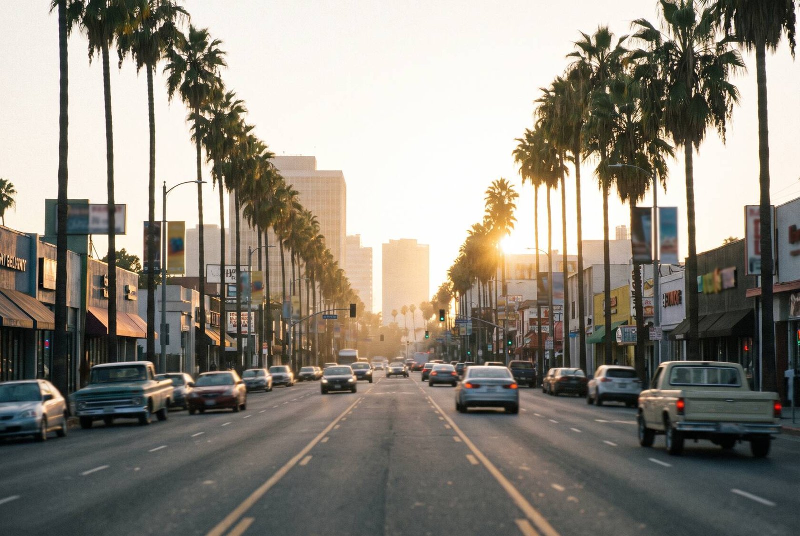 Los Angeles boulevard at golden hour