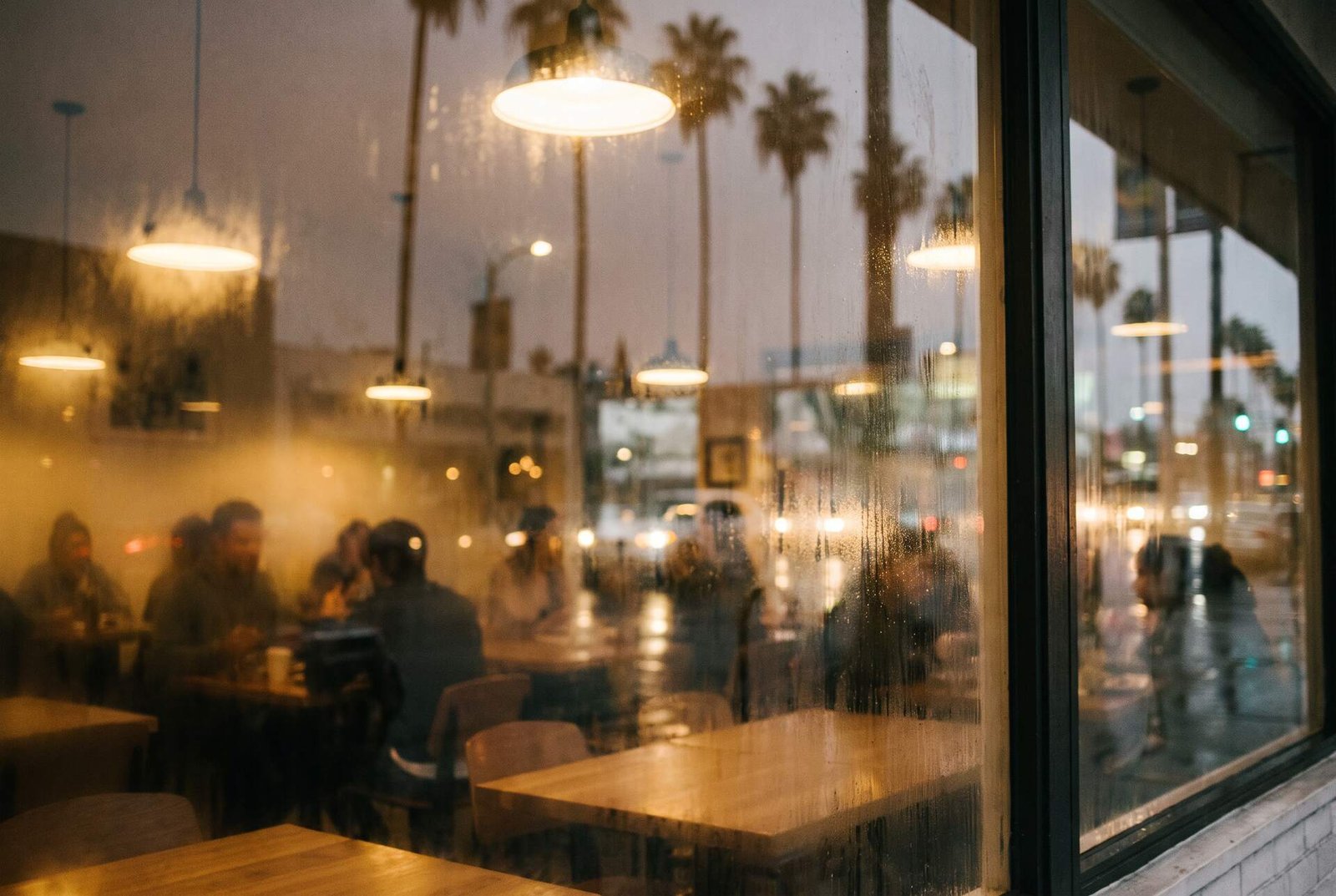 Warmly lit Los Angeles cafe seen through the window at dusk